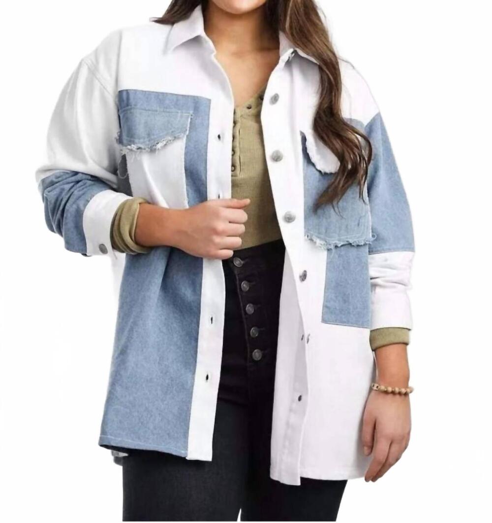 NEW MISS ME woven denim jacket in patchwork blue & white